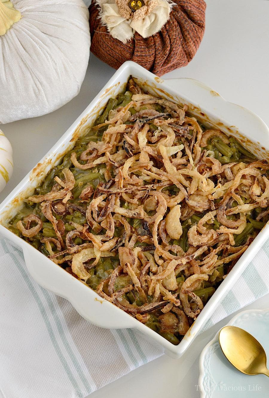 green bean casserole in a white dish