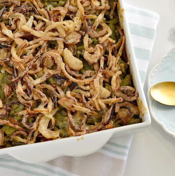 Our gluten-free green bean casserole with homemade fried onions is the perfect accompaniment to your Thanksgiving dinner. It is the best classic Thanksgiving side dish.