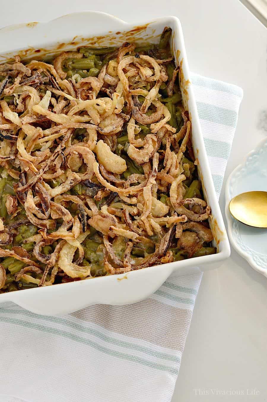 Gluten-Free Green Bean Casserole with Homemade Fried Onions overhead shot