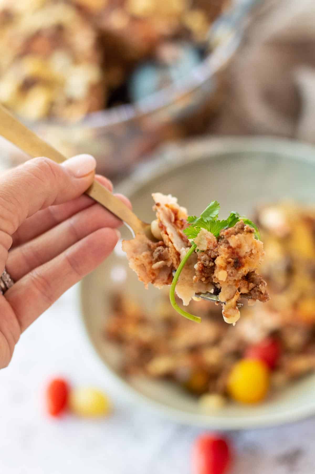 Easy Taco Casserole on a fork