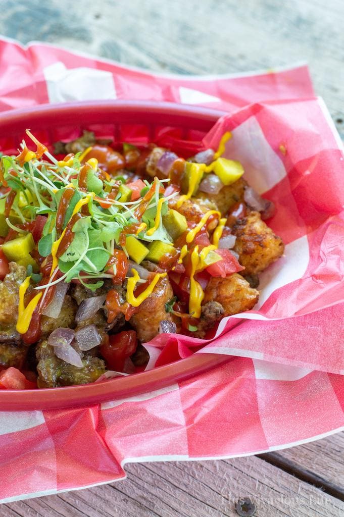 Loaded Tots Cheeseburger Style Cheeseburger Loaded Tots in a basket