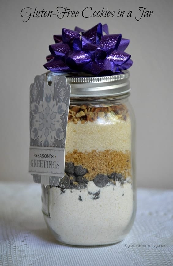These gluten-free chocolate chip cookies in a jar a great gift for friends and neighbors. Nobody would ever know they are gluten-free. | gluten-free gift ideas | gluten-free cookies in a jar | gluten-free Christmas gift ideas | homemade gluten-free gifts || This Vivacious Life #glutenfreegifts #glutenfreecookies