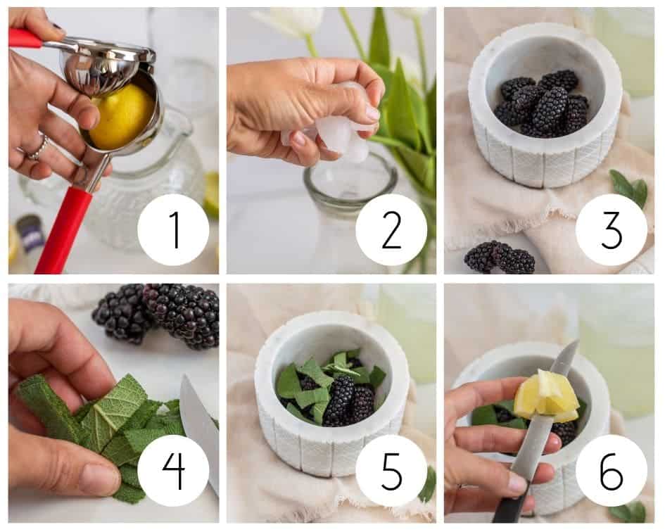 Step-by-step photos of making blackberry lemonade