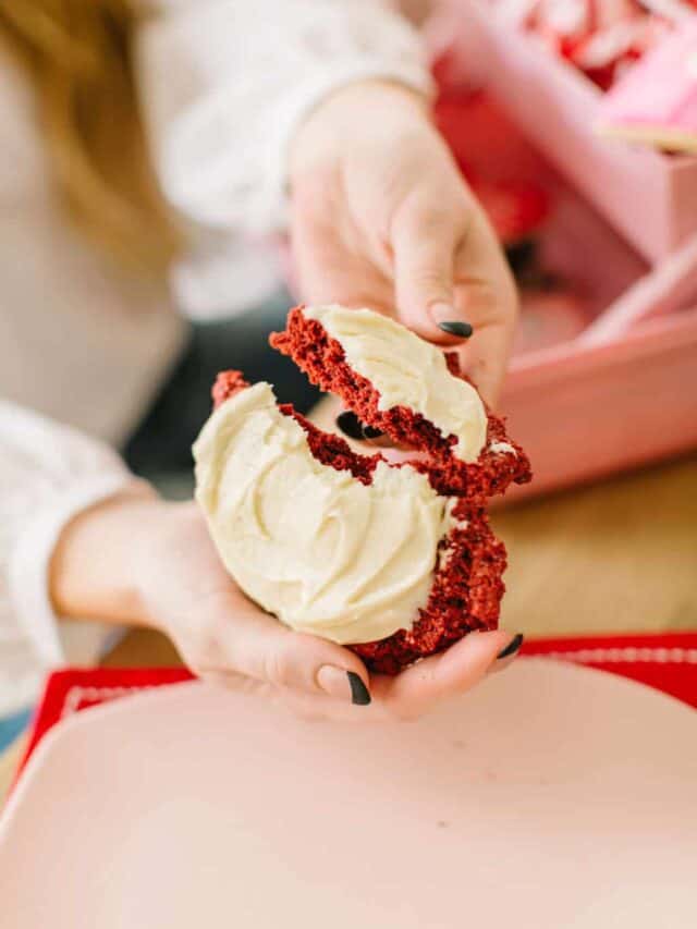 Red velvet cookie breaking in half