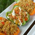 Quinoa Stuffed Peppers-How fun is this summer block party?! It is so easy to create one of your own. The DIY giant yard yahtzee looks so fun and the BYOB (build your own burrito bowl) bar looks scrumptious! With easy party ideas like watermelon eating contest, watermelon on a stick for easy eating and healthy yet delicious party food, you have everything you need to throw a fantastic backyard bash!