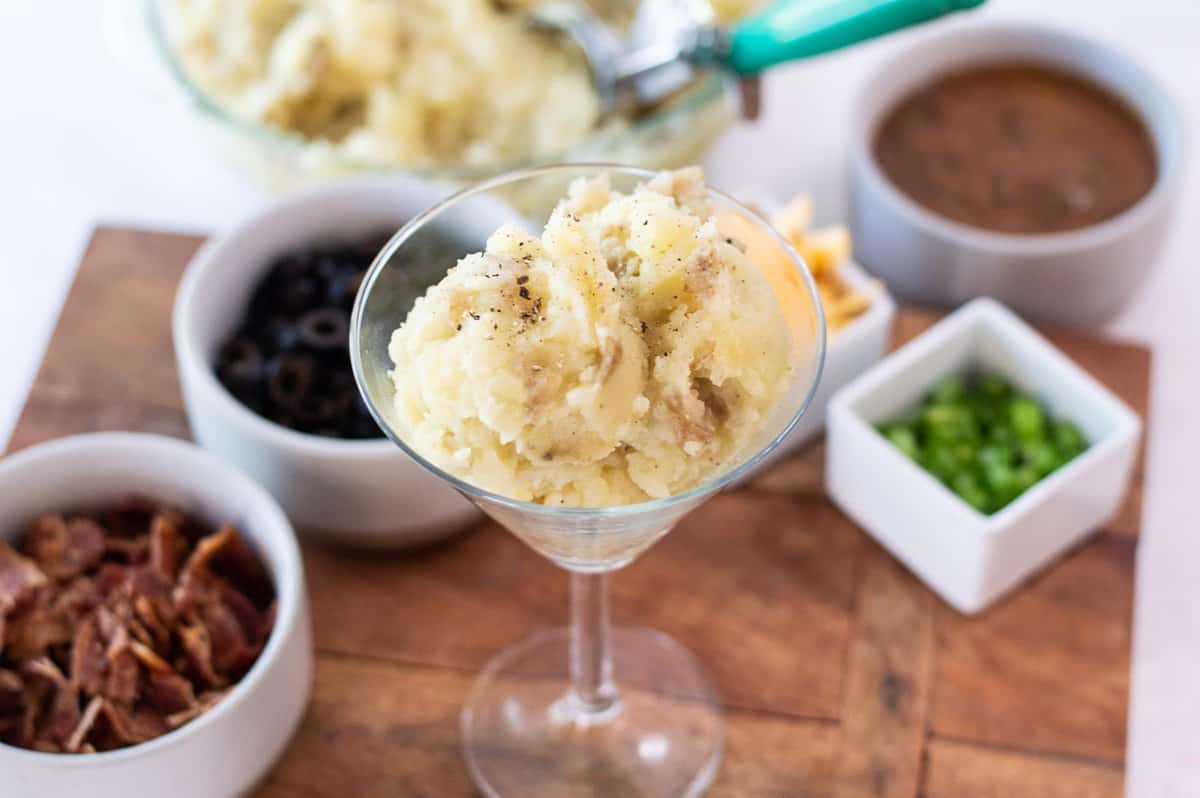 mashed potato bar with martini glasses