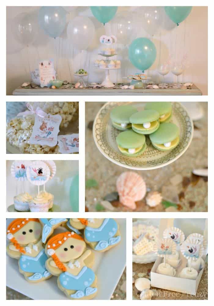 This mermaid themed baby shower couldn't be cuter! So great for little girls but also works as a gender neutral shower with all the white, baby blue and mint green. Clam cookies made from macaroons are so gorgeous and those little mermaids and mermaid tails were darling too! PLUS a DIY diaper cupcake tutorial and more... glutenfreefrenzy.com