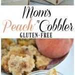 Mom's famous gluten-free peach cobbler is easy and delicious! This sweet dessert will remind you of long summer days. At the same time, the warm nutmeg sugared topping will let you know that fall is not far away. This easy dessert is best served with fresh cream. glutenfreefrenzy.com
