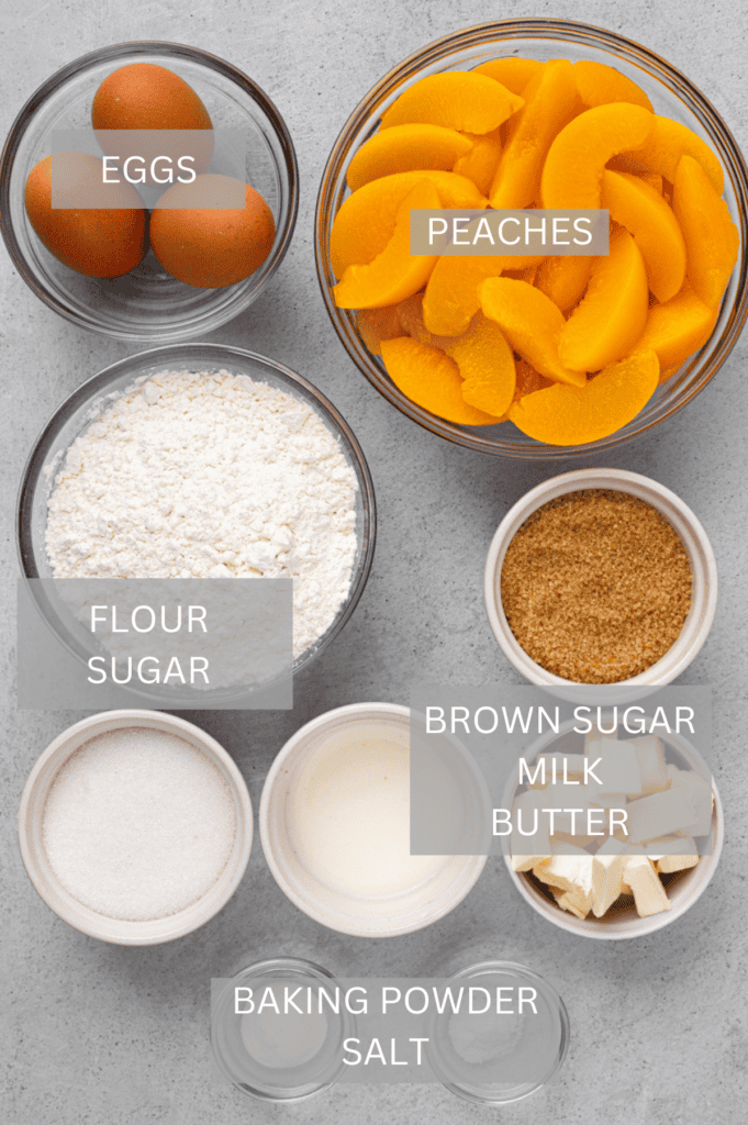 Top down image of ingredients for gluten free peach cobbler. each ingredient in a small bowl with label above