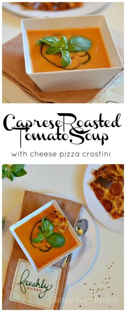 Yum! This Caprese Roasted Tomato Soup with Freschetta gluten-free cheese pizza crostini is such a fabulous dinner! It is a great way to take this semi-homemade meal up a notch. | gluten free soup recipes | gluten free dinner recipes | healthy soup recipes | soup recipes gluten free | gluten free meal ideas | gluten free cool weather recipes | gluten free soups and stews | homemade soup recipes || This Vivacious Life