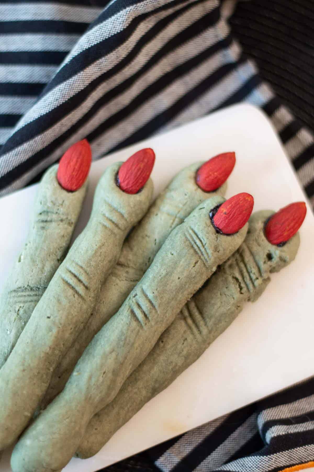 Witch Finger Cookies on a marble plate