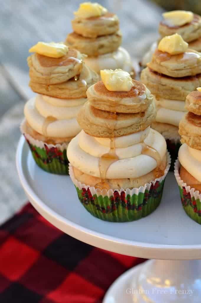 These gluten-free pancake cupcakes are sure to be a hit at your next flannel and flapjacks or lumberjack party. | maple pancake cupcakes | cupcake recipe ideas | gluten free cupcakes | gluten free desserts | maple flavored cupcakes | homemade cupcakes | holiday dessert recipes || This Vivacious Life #maplecupcakes #cupcakerecipes #homemadecupcakes #glutenfreecupcakes