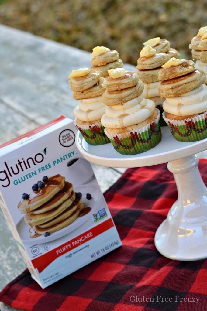 These gluten-free pancake cupcakes are sure to be a hit at your next flannel and flapjacks or lumberjack party. | maple pancake cupcakes | cupcake recipe ideas | gluten free cupcakes | gluten free desserts | maple flavored cupcakes | homemade cupcakes | holiday dessert recipes || This Vivacious Life #maplecupcakes #cupcakerecipes #homemadecupcakes #glutenfreecupcakes