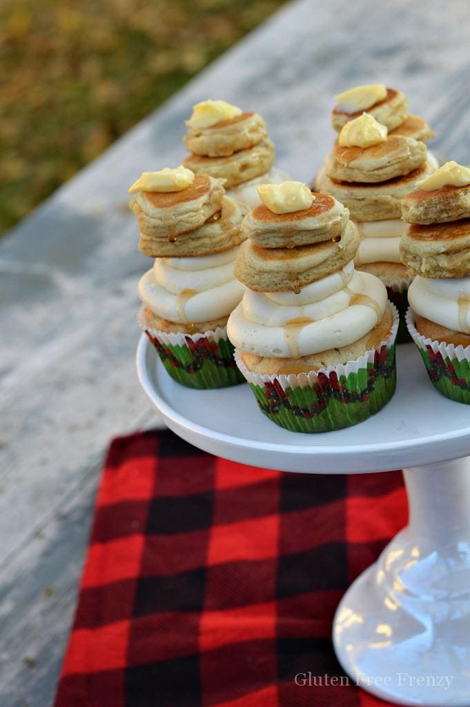 These gluten-free pancake cupcakes are sure to be a hit at your next flannel and flapjacks or lumberjack party. | maple pancake cupcakes | cupcake recipe ideas | gluten free cupcakes | gluten free desserts | maple flavored cupcakes | homemade cupcakes | holiday dessert recipes || This Vivacious Life #maplecupcakes #cupcakerecipes #homemadecupcakes #glutenfreecupcakes