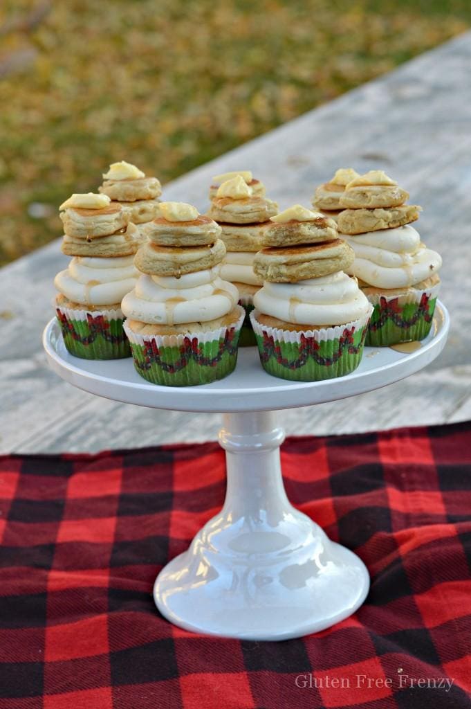 These gluten-free pancake cupcakes are sure to be a hit at your next flannel and flapjacks or lumberjack party. | maple pancake cupcakes | cupcake recipe ideas | gluten free cupcakes | gluten free desserts | maple flavored cupcakes | homemade cupcakes | holiday dessert recipes || This Vivacious Life #maplecupcakes #cupcakerecipes #homemadecupcakes #glutenfreecupcakes