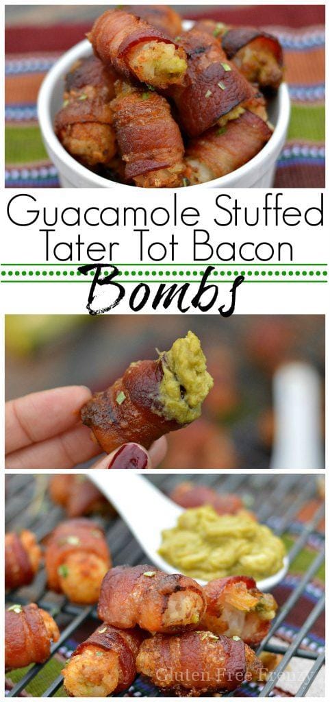 Guacamole stuffed tater tot bacon bombs are going to be a HUGE hit at your next gathering. They are the perfect appetizer for New Years Eve or Superbowl. 