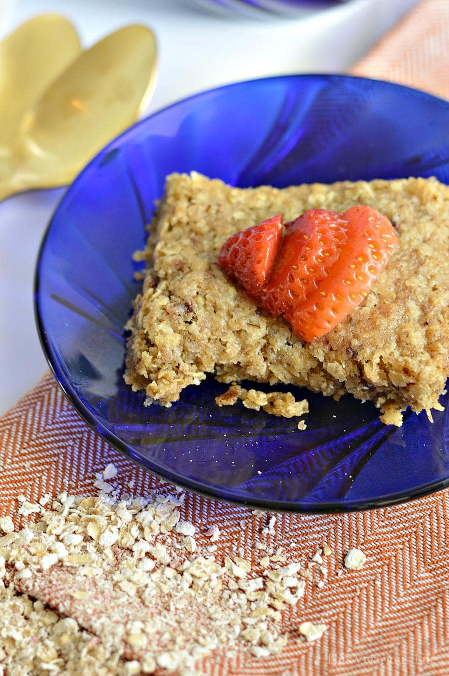 Baked oatmeal bars on a blue plate