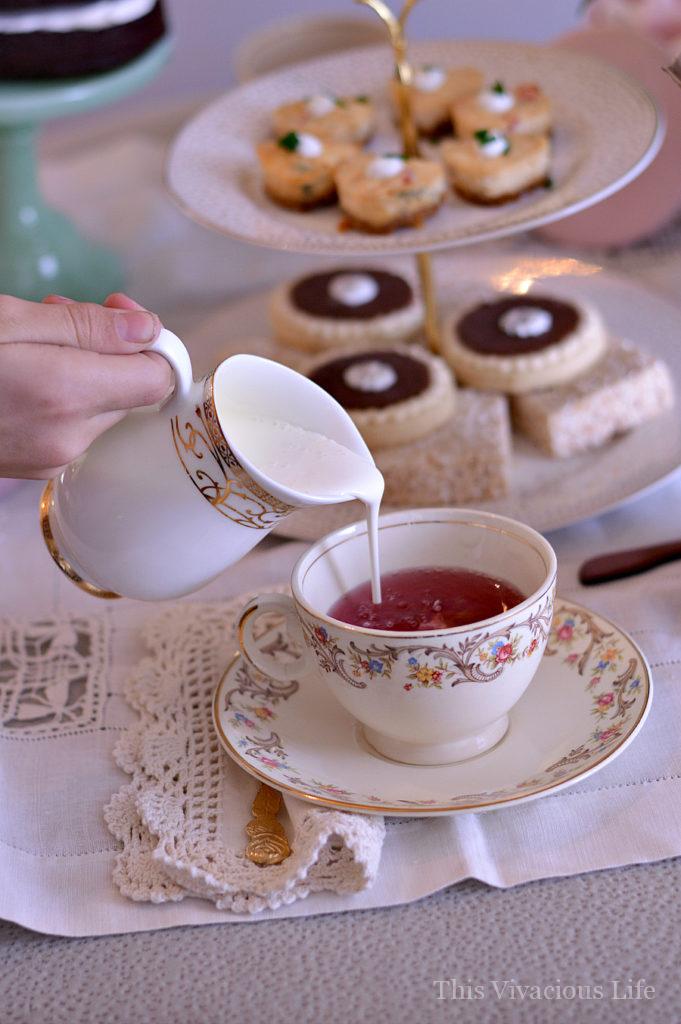 This vintage Valentines tea party was full of classy florals, antique china and delicious gluten-free goodies including savory crab cheesecakes. Get the recipe and all the details at thisvivaciouslife.com.