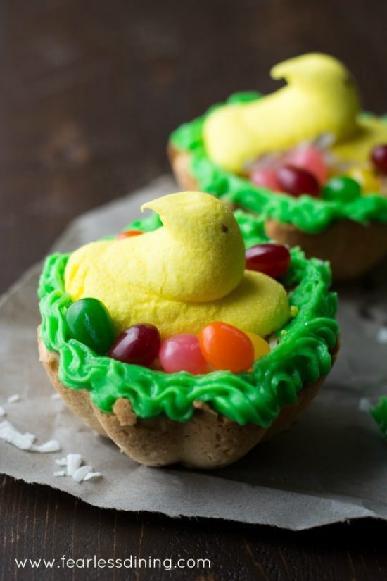 Cookie cups with jelly beans and a peep marshmallow duck