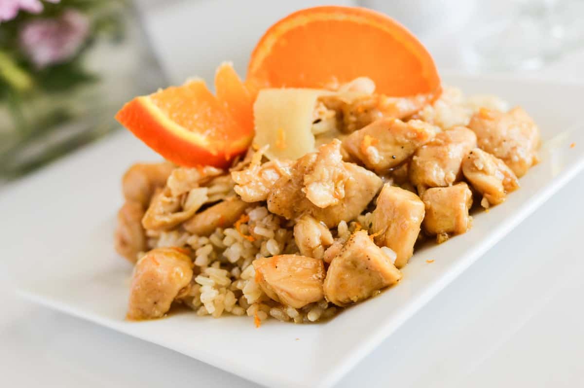 Gluten-Free Orange Chicken with Coconut Rice on a plate