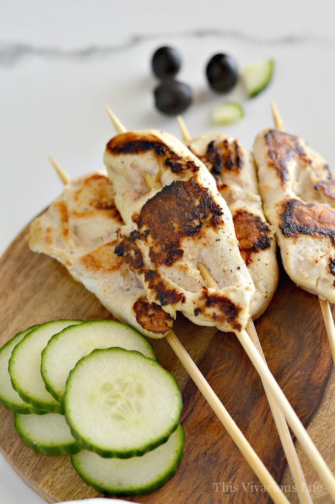Yum, marinated chicken skewers with cucumber yogurt sauce are great for summer grilling and full of fresh flavors. The chicken is so tender and the sauce creamy and cool along side the perfectly grilled chicken that is great for dinner.