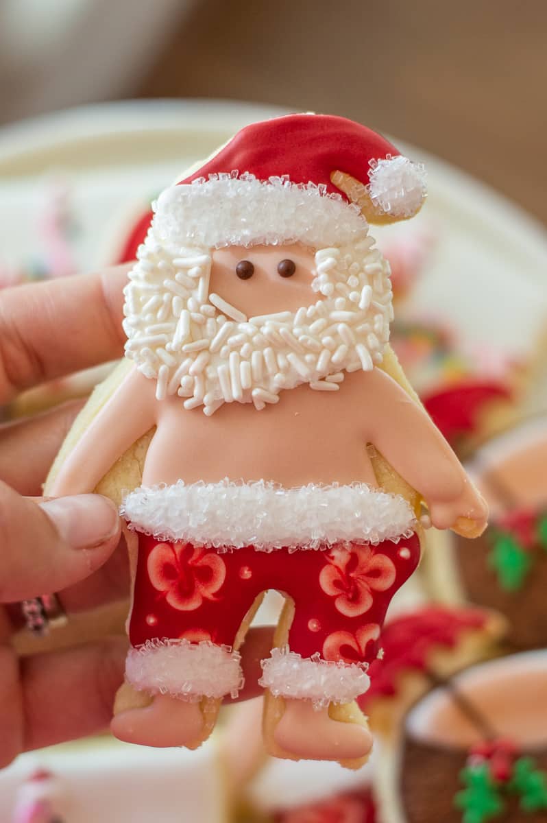 Santa in swimsuit sugar cookie