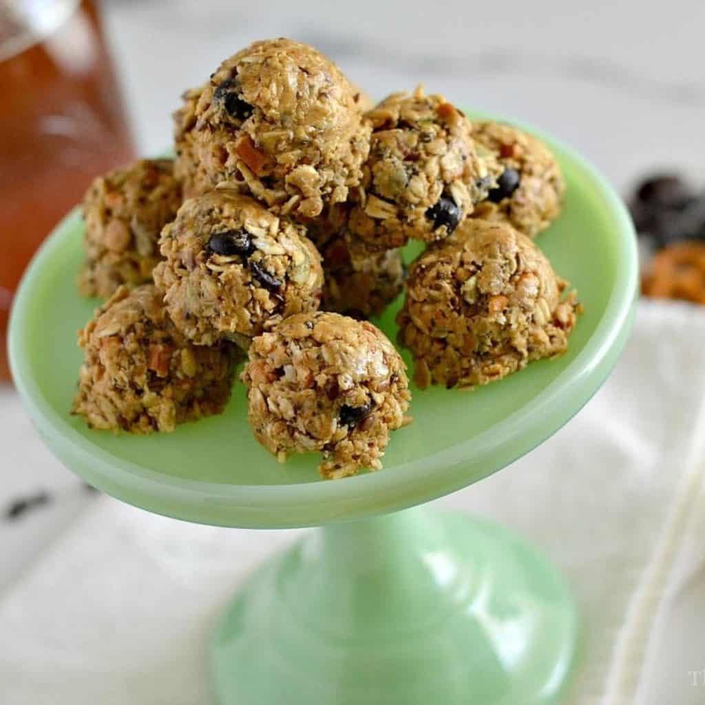 protein balls on a jadeite stand