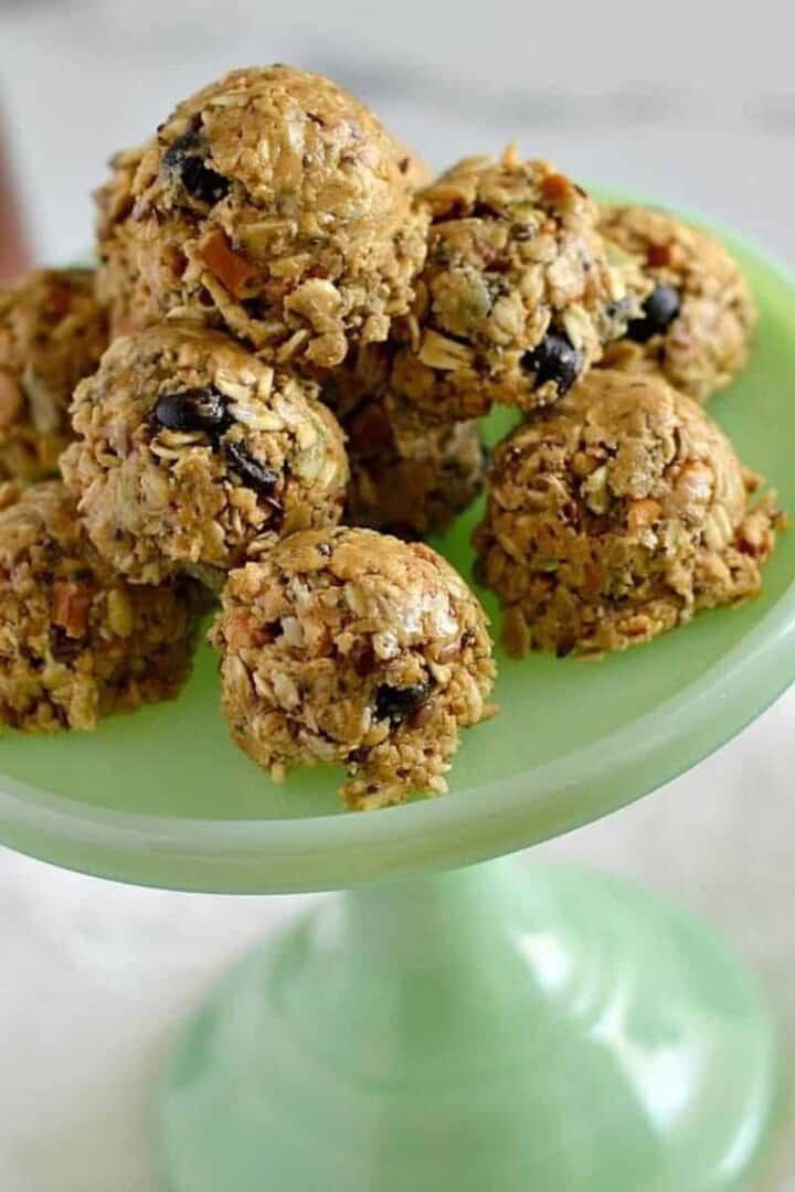 protein balls on a jadeite stand