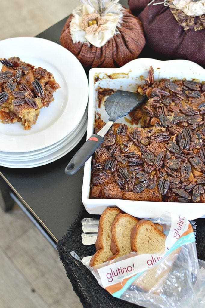 This gluten-free pecan pie bread pudding gives you all the warm fall flavors of pecan pie in a delicious breakfast.