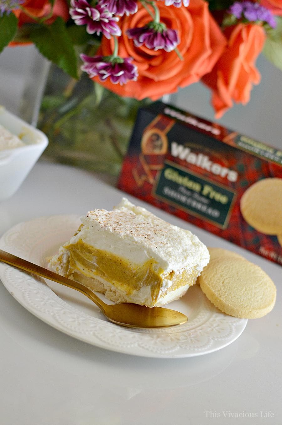 Gluten-free pumpkin pie cream delight on a white plate