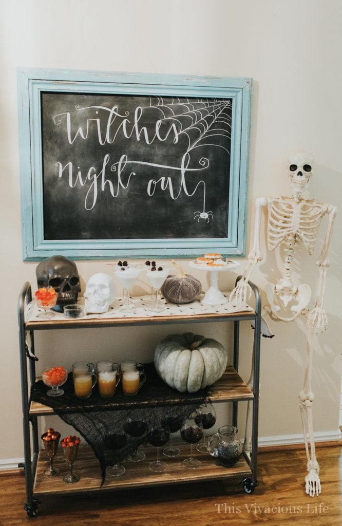 Chalkboard Halloween sign and bar cart 