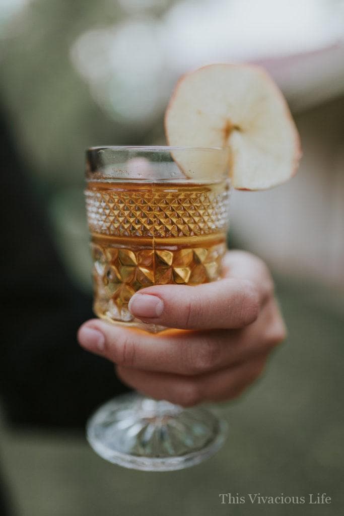 Crockpot apple cider in a glass goblet with apple slice