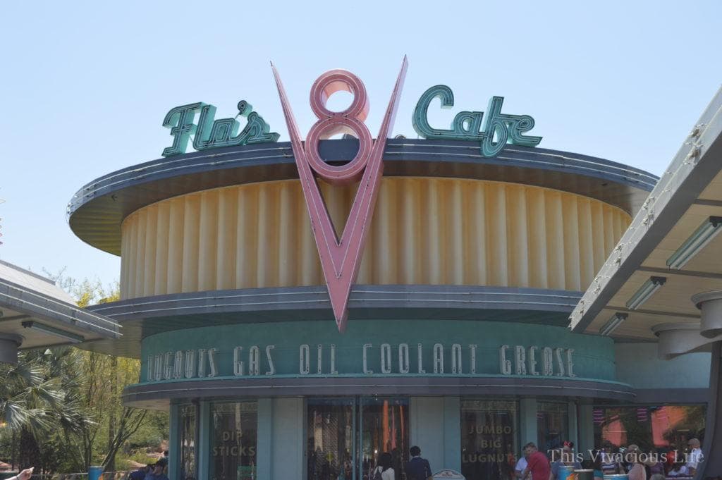 Flo's V8 Cafe sign and building in California Adventure