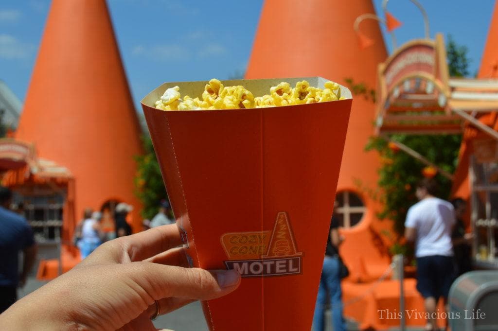 Cars Land popcorn in an orange cone