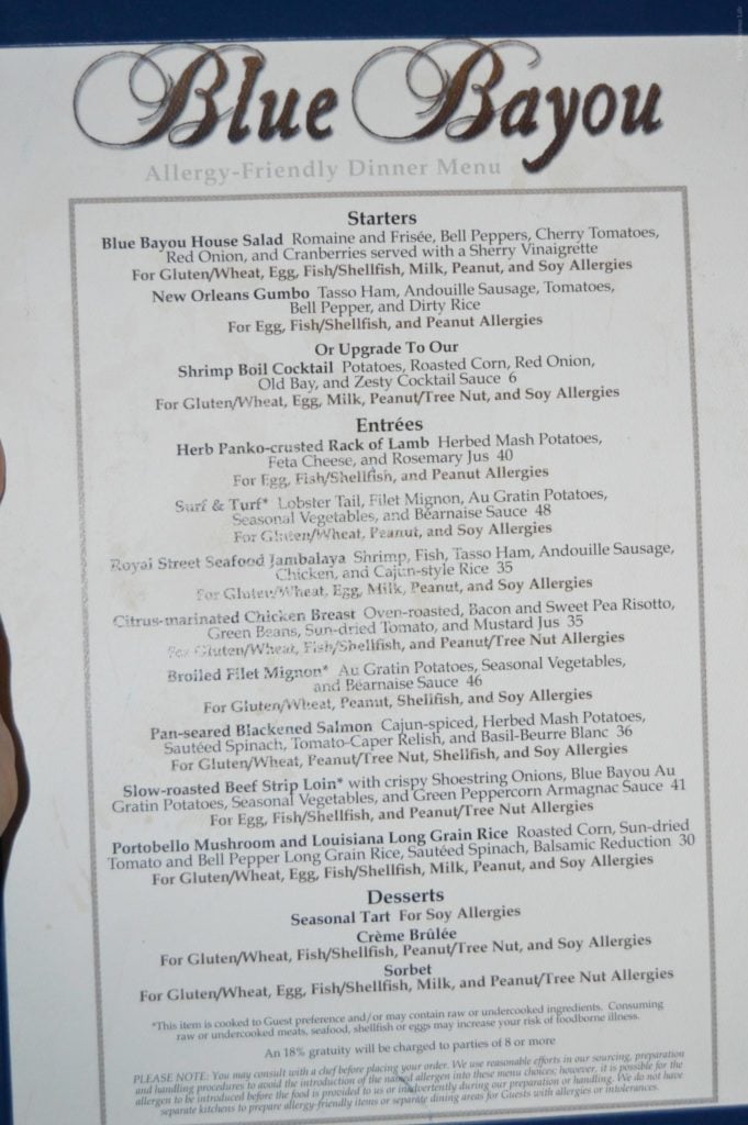 Blue Bayou allergy-friendly menu