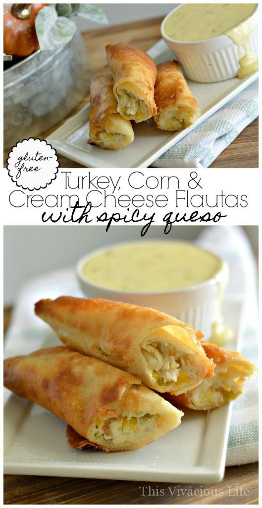 These gluten-free turkey, corn and cream cheese flautas with spicy white queso is the perfect Thanksgiving leftover meal. | thanksgiving recipe ideas | how to use thanksgiving leftovers | thanksgiving leftover recipes | Gluten-free thanksgiving recipes | Gluten-free recipe ideas | Gluten-free recipes | Mexican flauta recipes || This Vivacious Life #Glutenfree #Thanksgivingleftovers