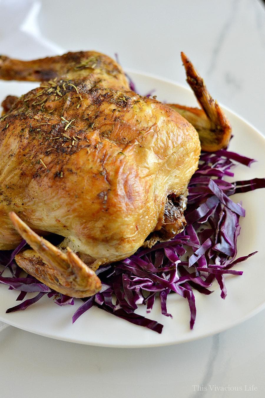 Dutch oven roast chicken on a white plate with red cabbage