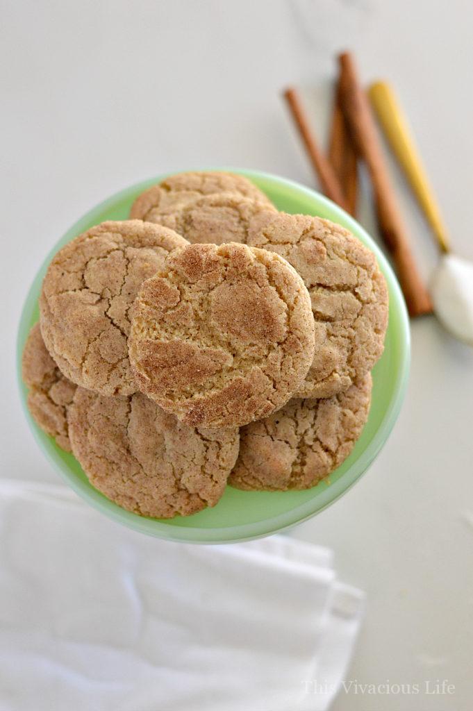 Overhead shot of snickerdoodles on a jadeite plate