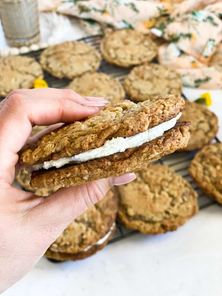 Gluten-Free Oatmeal Cream Pies in a hand
