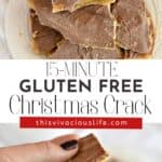 Gluten-free Christmas crack on a plate with chocolate on top and another piece in a hand