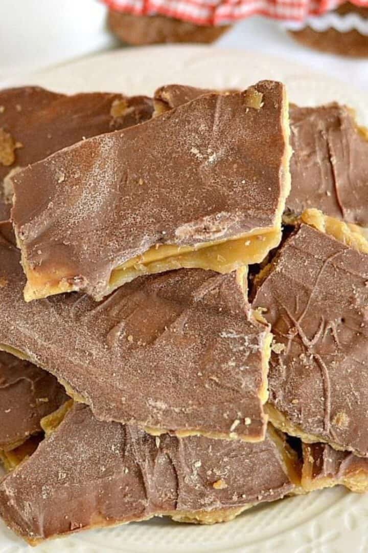 Gluten-free Christmas crack on a plate with chocolate on top