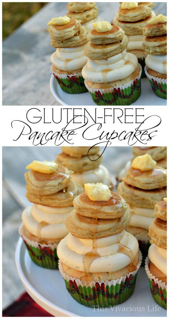 These gluten-free pancake cupcakes are sure to be a hit at your next flannel and flapjacks or lumberjack party. | maple pancake cupcakes | cupcake recipe ideas | gluten free cupcakes | gluten free desserts | maple flavored cupcakes | homemade cupcakes | holiday dessert recipes || This Vivacious Life #maplecupcakes #cupcakerecipes #homemadecupcakes #glutenfreecupcakes