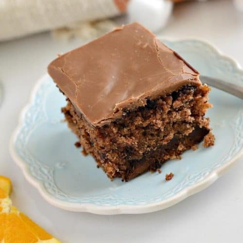 chocolate orange cake on a blue plate