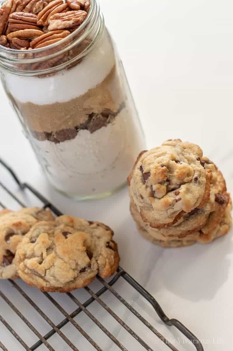 Gluten-free chocolate chip cookies and jar of ingredients