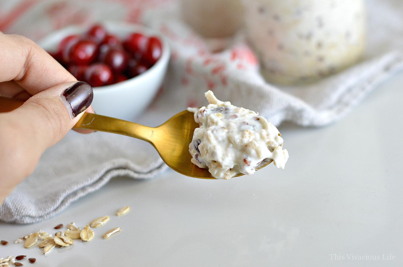 Easy overnight muesli on a gold spoon