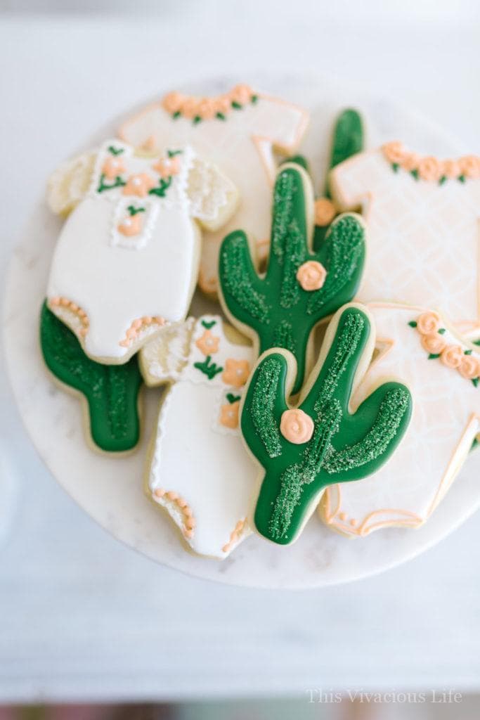 Cactus succulent baby shower cacti cookies and onesie cookies