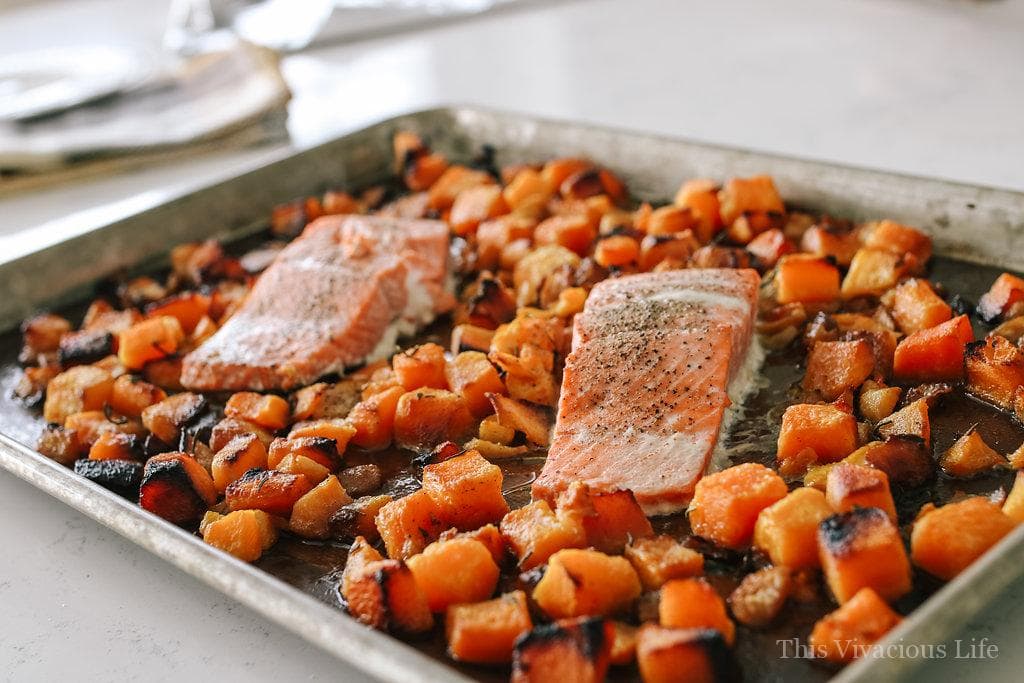 I love this one pan Whole30 butternut squash salmon because it’s so flavorful and literally the easiest dinner to make.