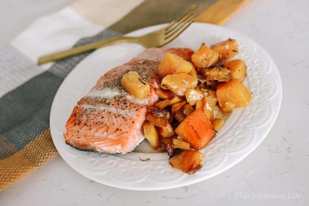 I love this one pan Whole30 butternut squash salmon because it’s so flavorful and literally the easiest dinner to make.