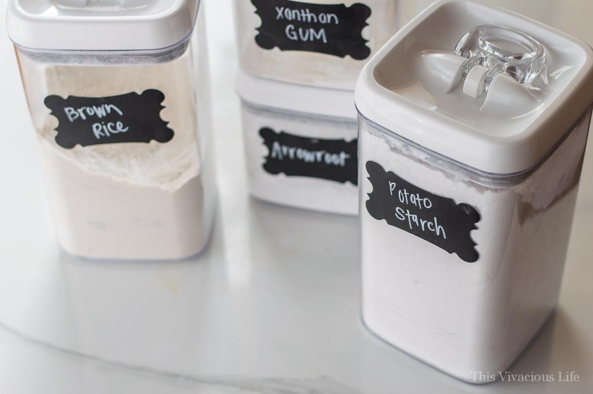 Airtight containers with gluten-free flours in them