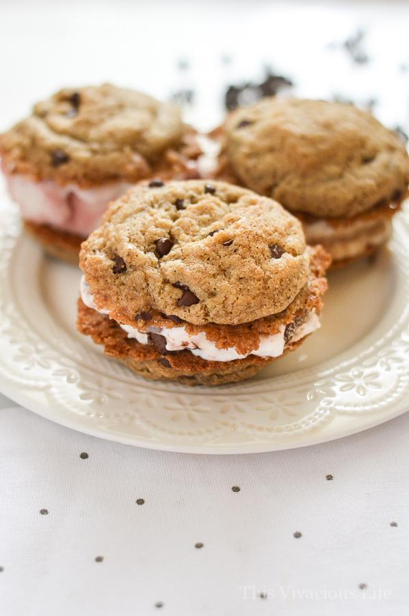 These gluten-free vegan chocolate chip cookie ice cream sandwiches are soft, chewy and so delicious that nobody would ever know they are vegan and gluten-free! They have a secret ingredient that really adds to the chewiness. #vegan #glutenfree #icecreamsandwiches #vegandessert #glutenfreecookies